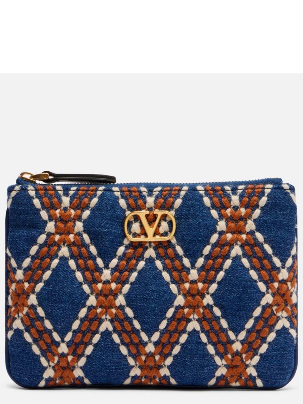 Valentino Garavani Blue Woven Zip Pouch with Cream and Rust Accents